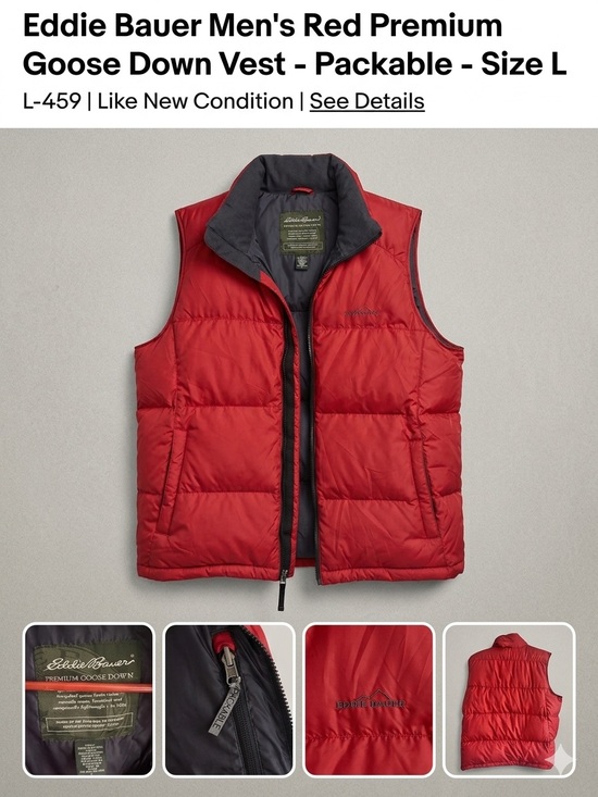 Eddie Bauer Other - Eddie Bauer Men’s Red Puffer Goose Down Vest with Dark Gray Lining